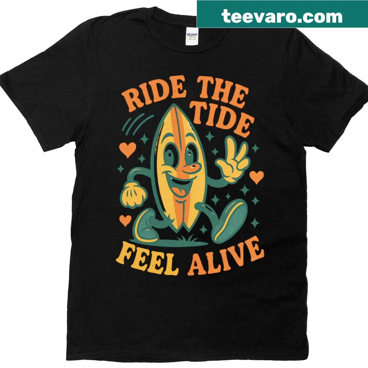 Retro surfboard design t-shirt for beach lovers — on a men's t-shirt