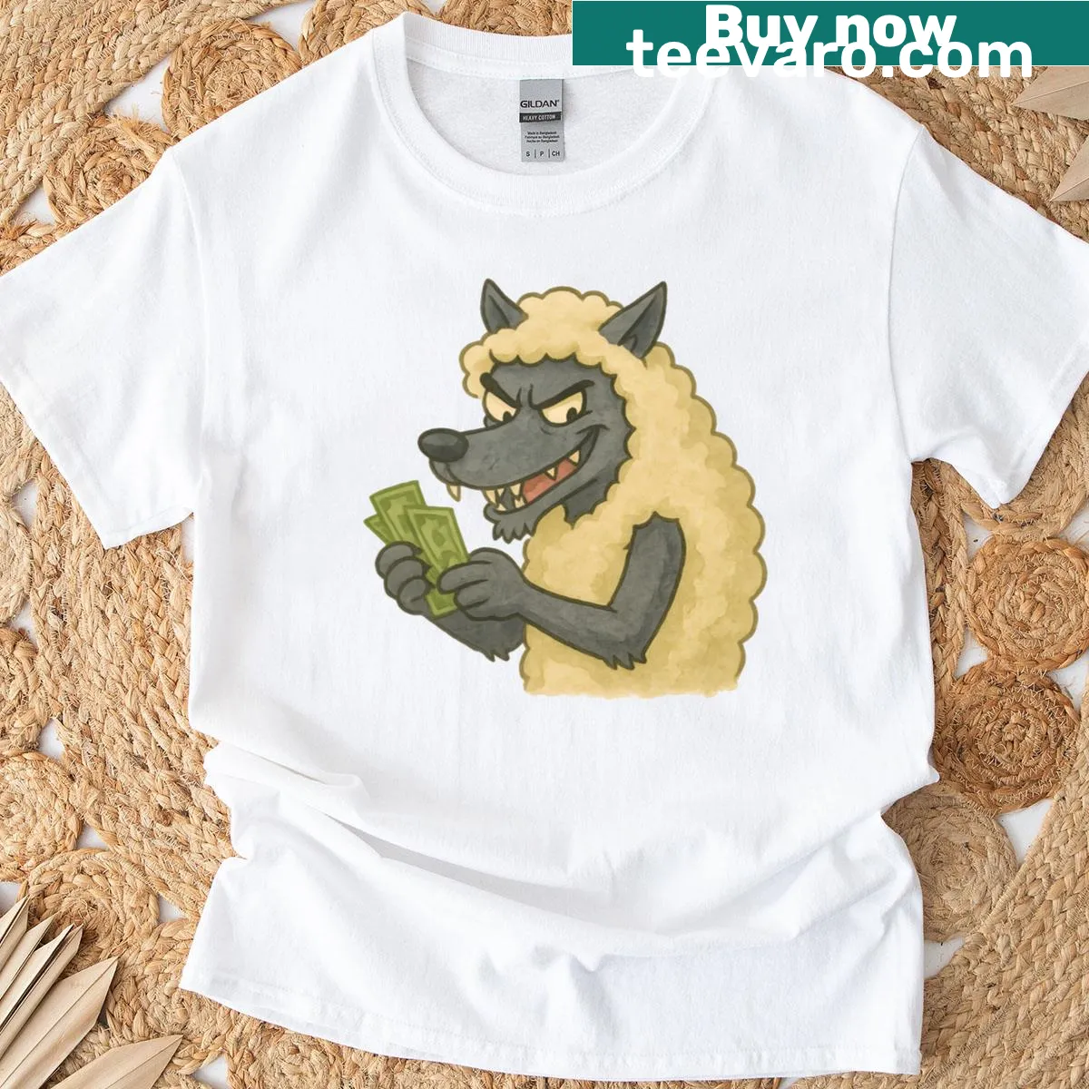Funny t-shirt featuring a cartoon wolf in sheep's clothing counting money. — on a men's t-shirt