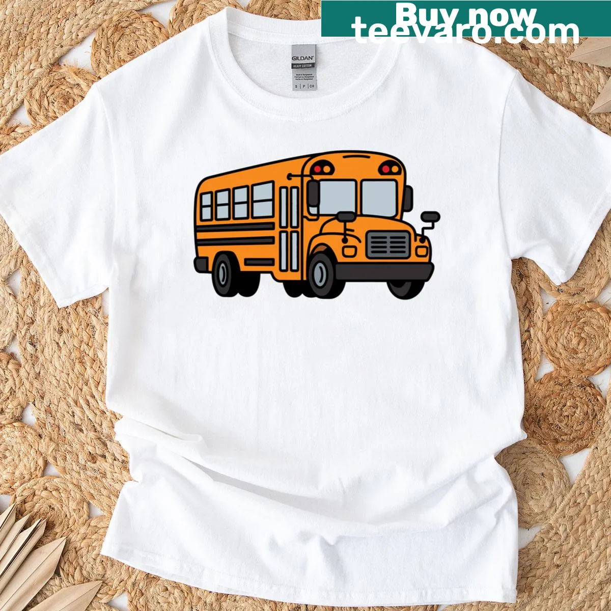 Cartoon yellow school bus t-shirt design celebrating childhood — on a men's t-shirt
