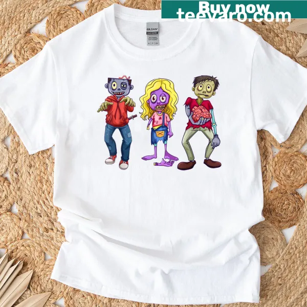 Cartoon zombies eyeing a brain on a t-shirt design