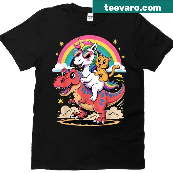 Cute graphic of a cat unicorn riding a dinosaur T-Rex on a T-shirt