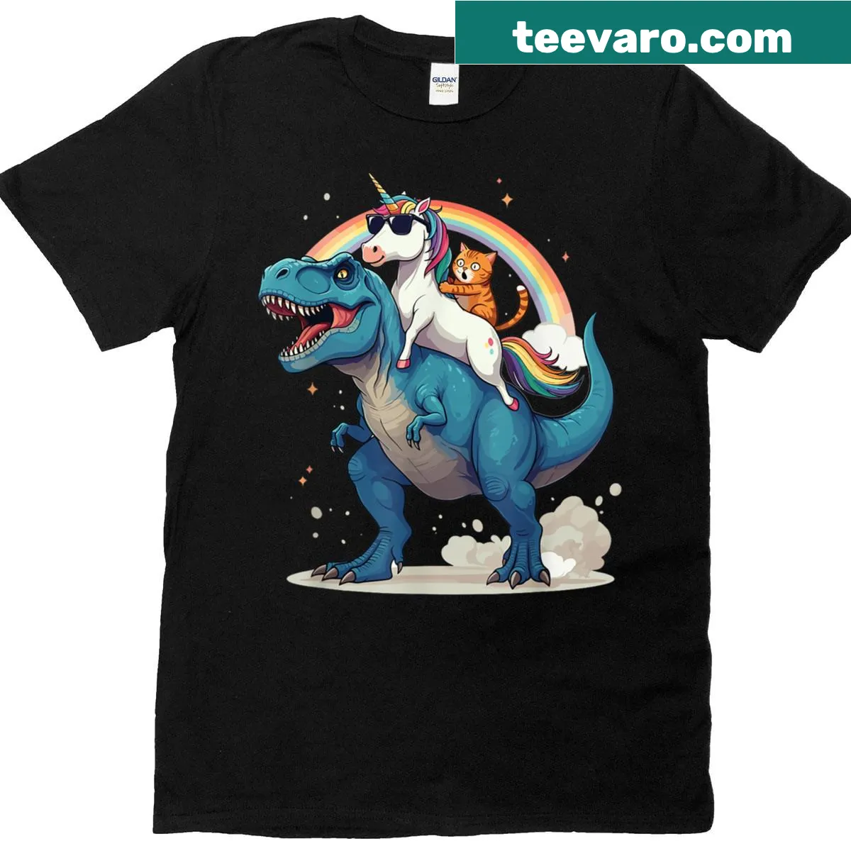 Cartoon design of a cat unicorn riding a T-rex dinosaur — on a men's t-shirt