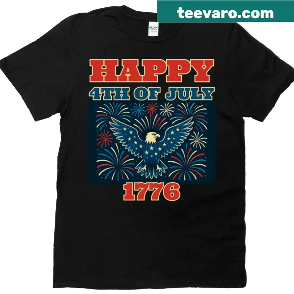 Patriotic T-shirt featuring a bald eagle and fireworks for July 4th