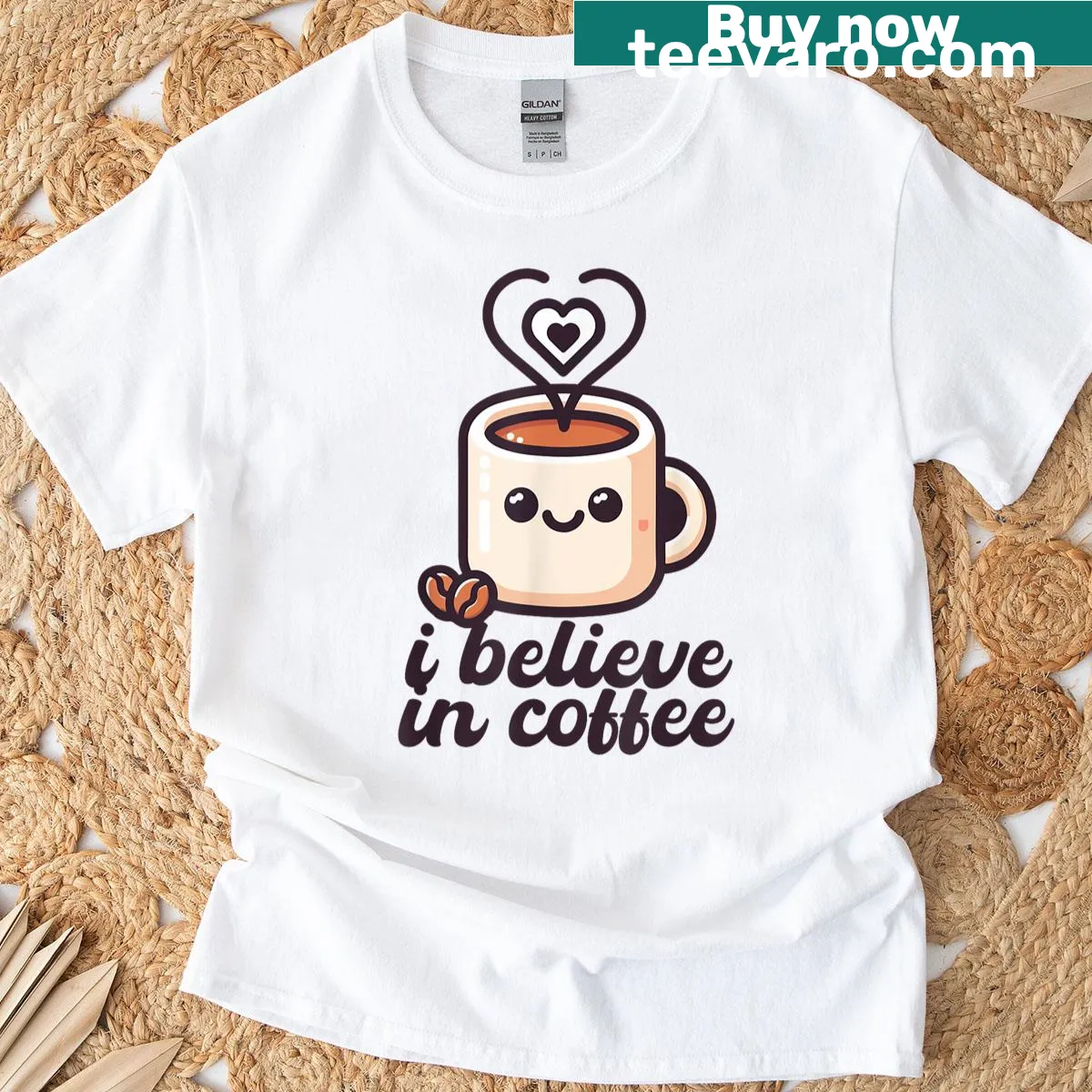 Cartoon coffee mug design with hearts and beans on T-shirt — on a men's t-shirt