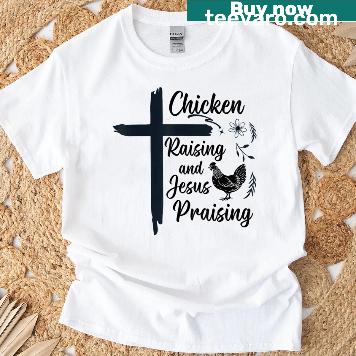 T-shirt showing chickens and a religious message praising Jesus — on a men's t-shirt
