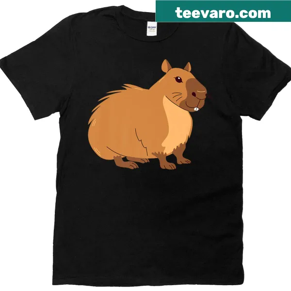 Cartoon capybara lounging in a relaxed pose on a t-shirt.