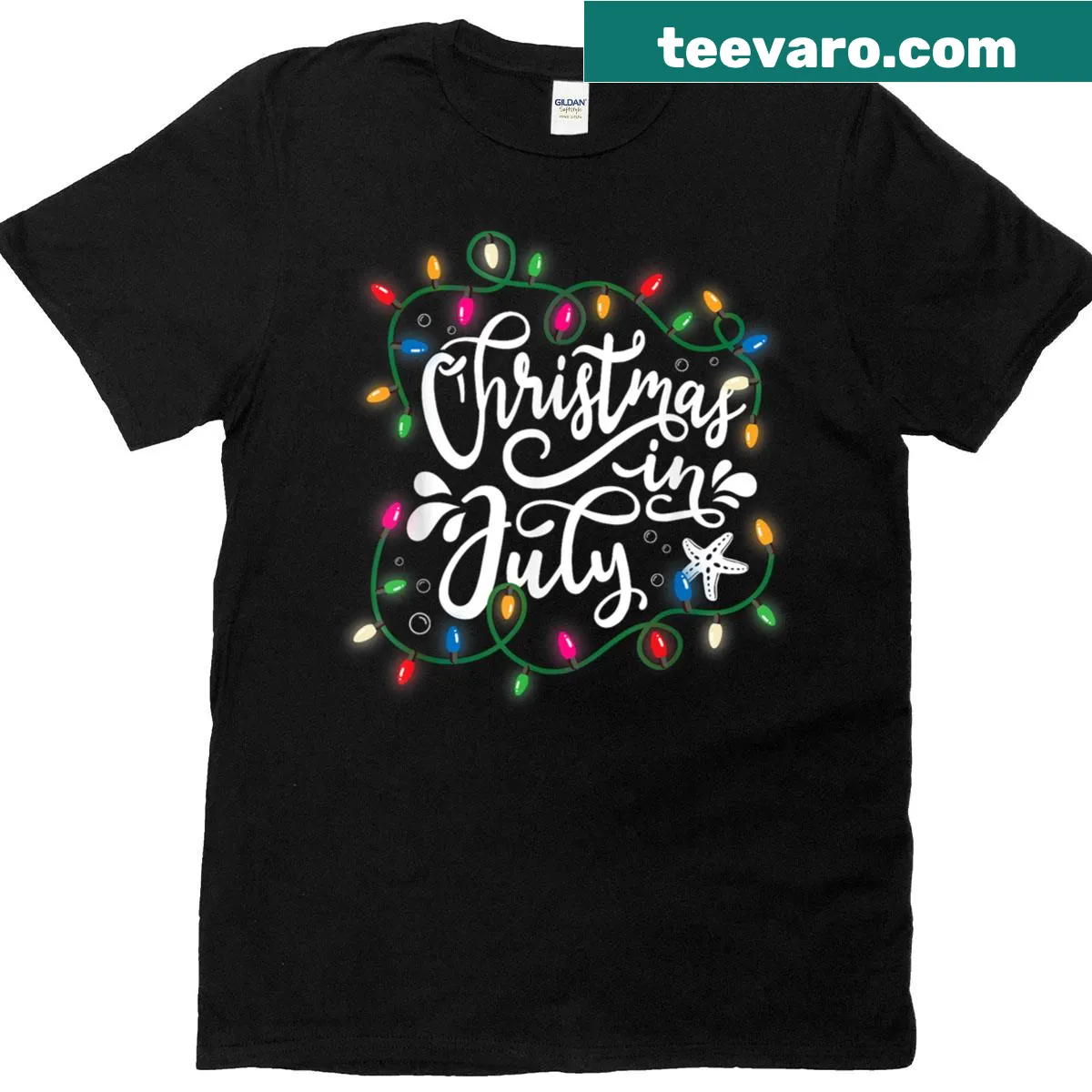 Humorous Christmas in July design featuring lights on a t-shirt. — on a men's t-shirt