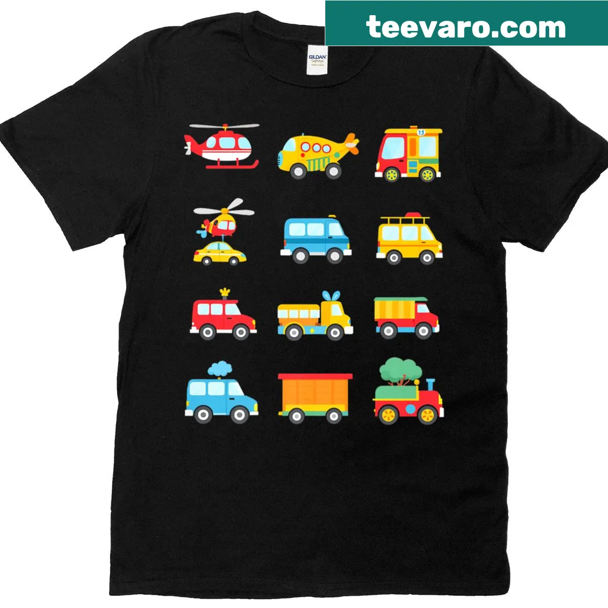 Cartoon design featuring various colorful cartoon vehicles — on a men's t-shirt