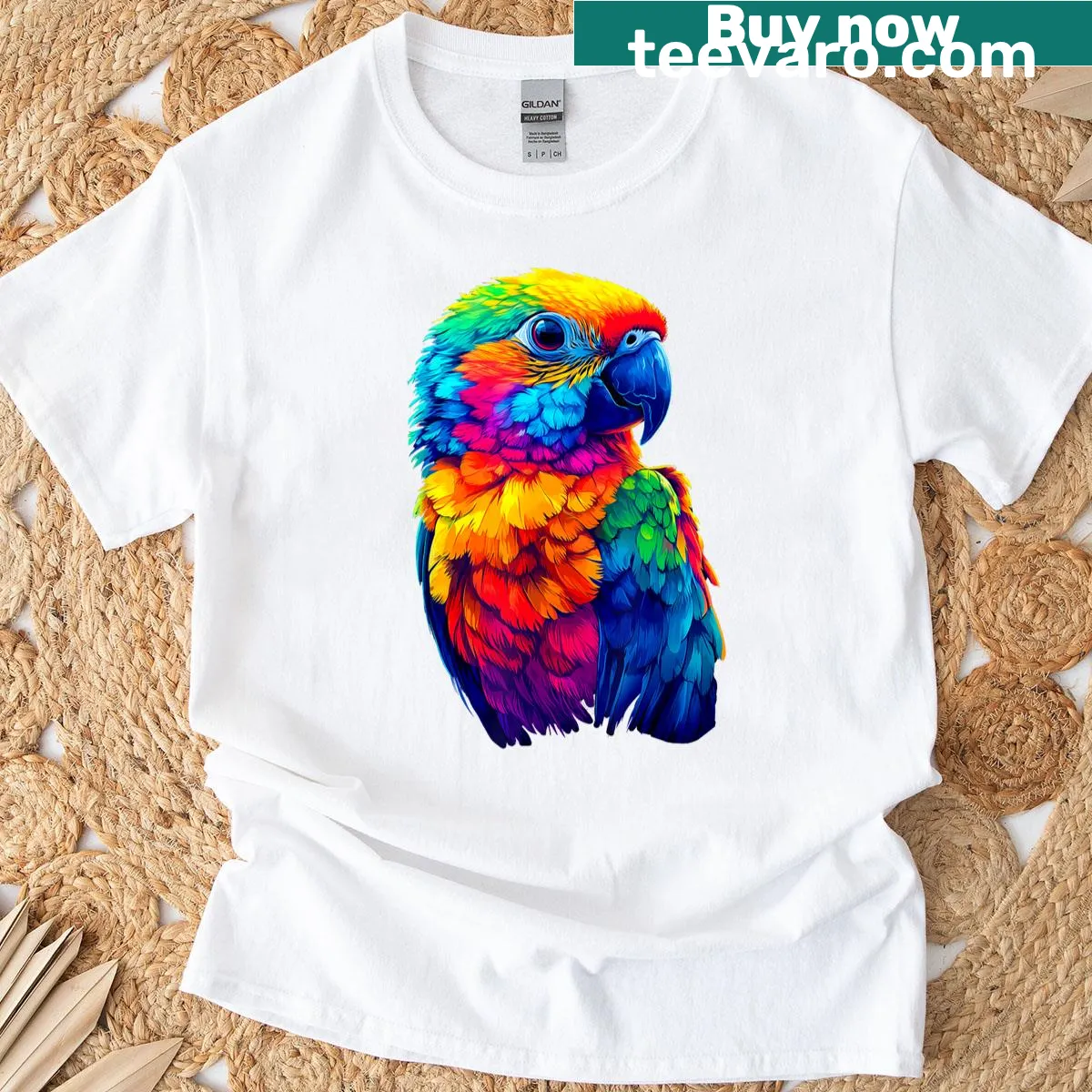 Illustration of a colorful conure parrot representing a spirit animal — on a men's t-shirt