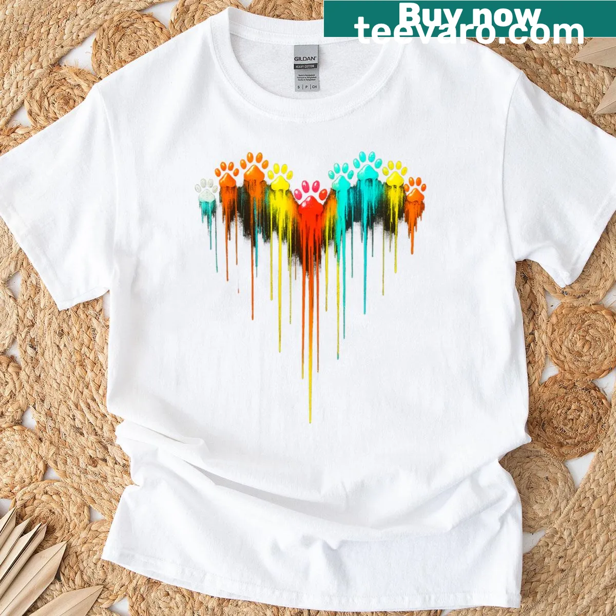 Heart made of colorful paw prints celebrating pet love — on a men's t-shirt