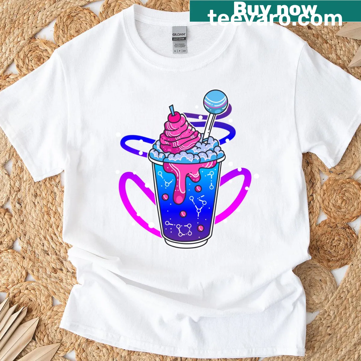 Cartoon milkshake floating in space on Cosmic Galaxy T-shirt — on a men's t-shirt