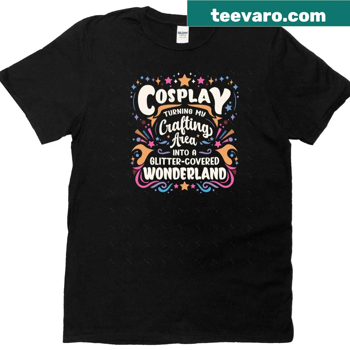 Oversized t-shirt with a glitter-covered wonderland cosplay design — on a men's t-shirt