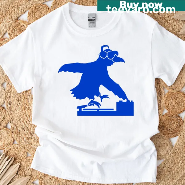Cartoon crow DJ wearing headphones and sunglasses