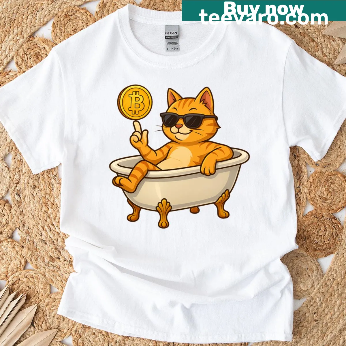 Playful cat design in a Bitcoin bath — on a men's t-shirt