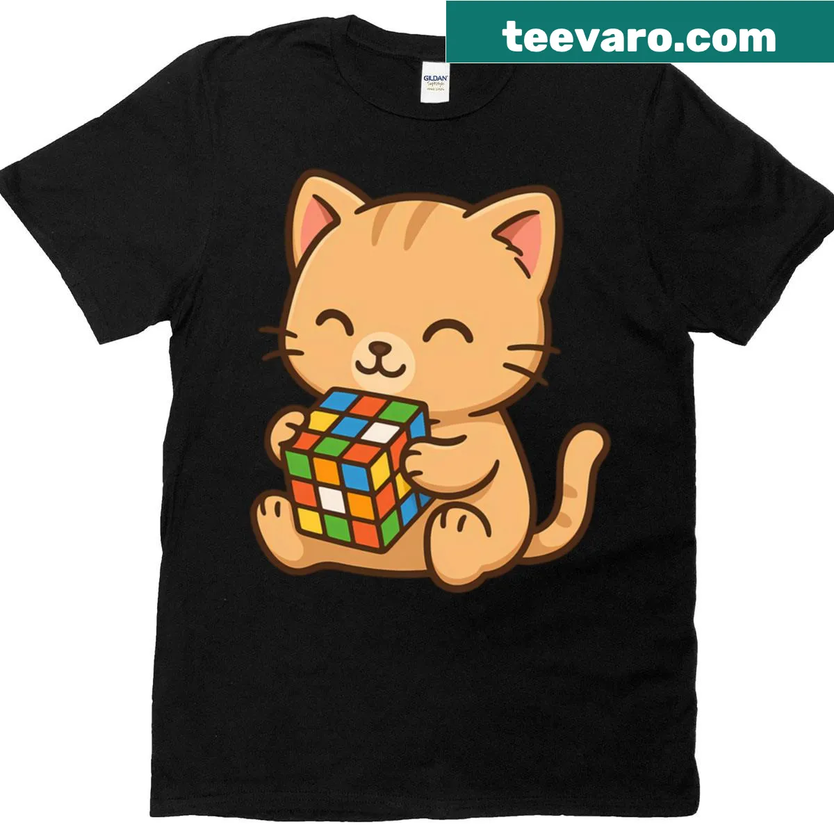 Cartoon cat solving a Rubik's cube on a cute t-shirt — on a men's t-shirt