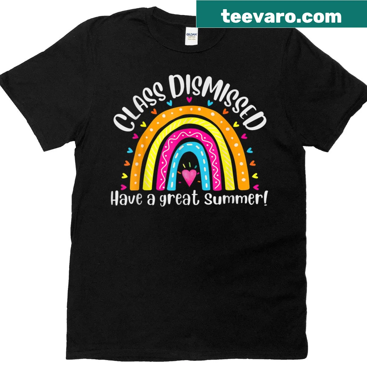 Cartoon teacher shirt with a class dismissed message and rainbow design — on a men's t-shirt