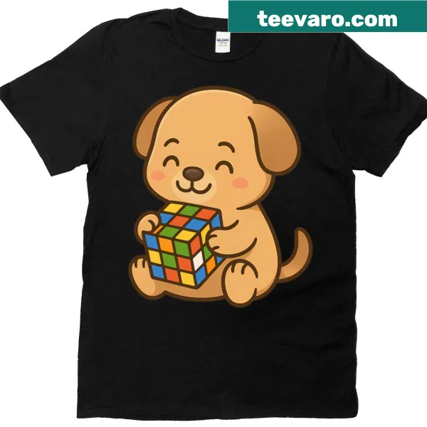 T-shirt with a cute puppy solving a Rubik's Cube illustration