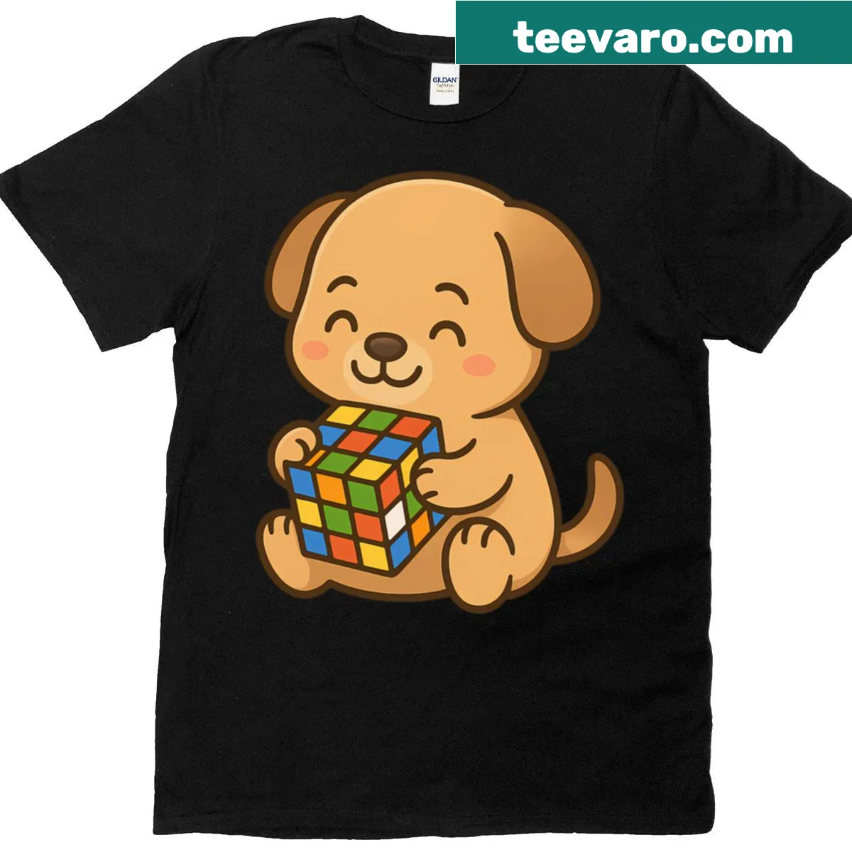 T-shirt with a cute puppy solving a Rubik's Cube illustration — on a men's t-shirt