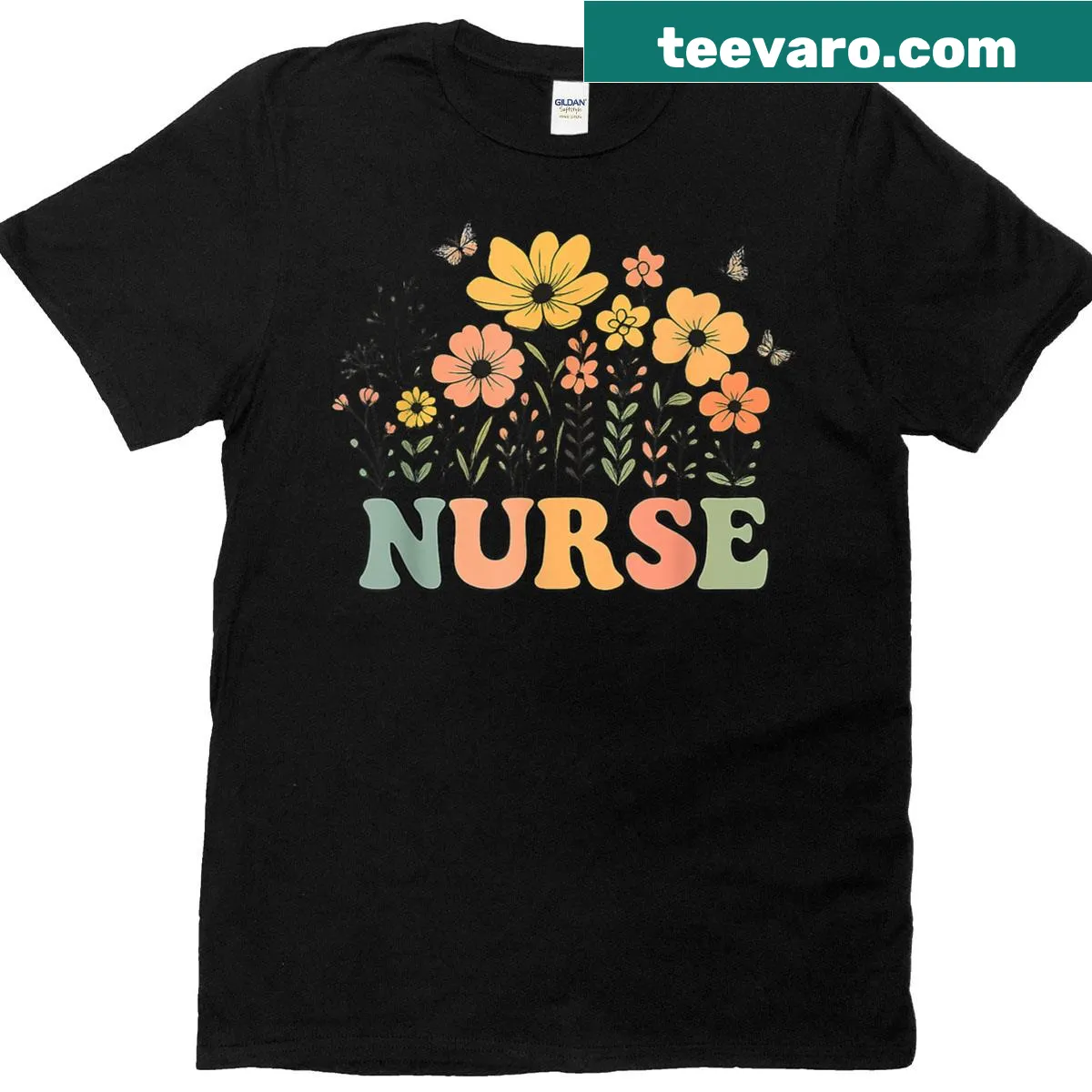 Retro groovy nurse T-shirt with flower power design — on a men's t-shirt