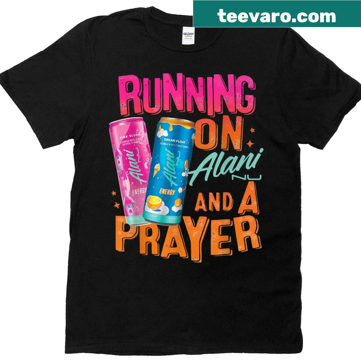 Funny graphic T-shirt with 'Running On Alani And A Prayer' text — on a men's t-shirt