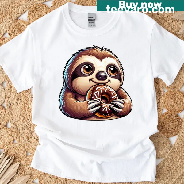 Cartoon sloth eating a donut design on a t-shirt