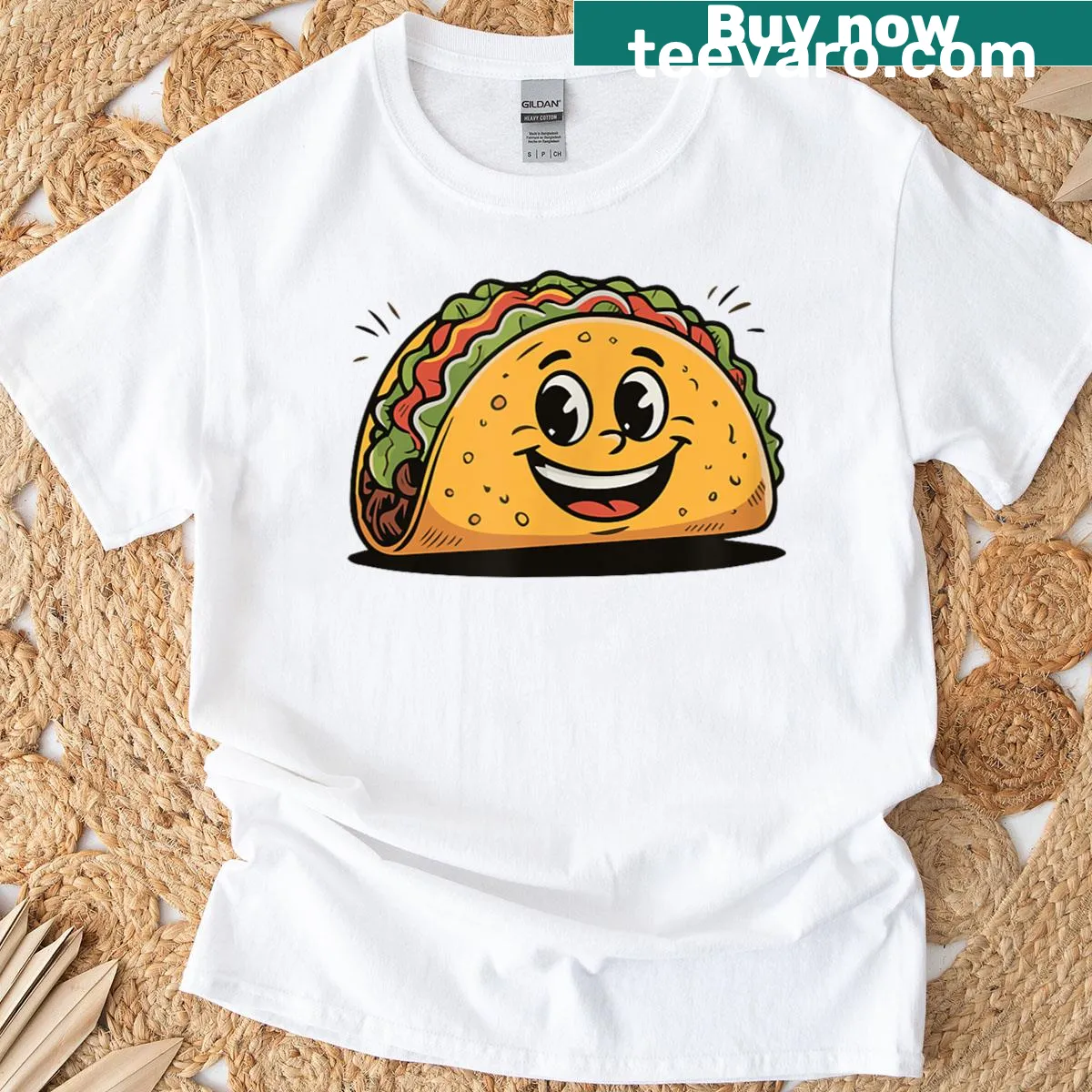 Cartoon foodie dude enjoying tacos on a t-shirt — on a men's t-shirt