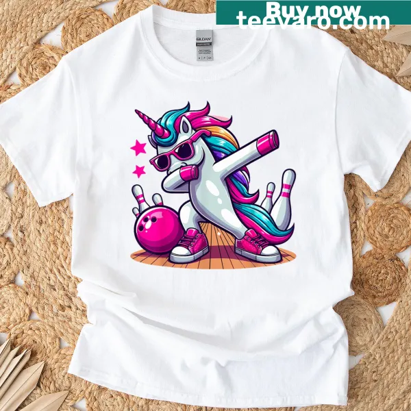 Cartoon unicorn dabbing while bowling on T-shirt