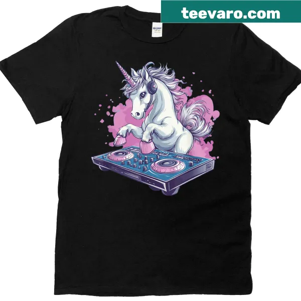Funny DJ unicorn design on a t-shirt, perfect for party-loving kids