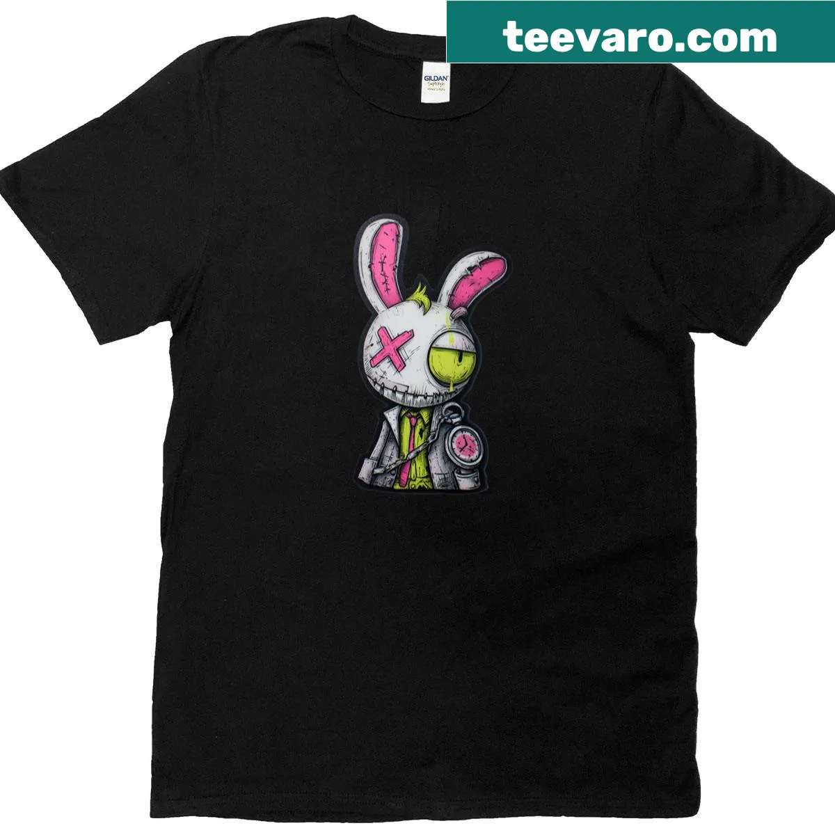 T-shirt with a spooky deformed bunny cartoon design — on a men's t-shirt