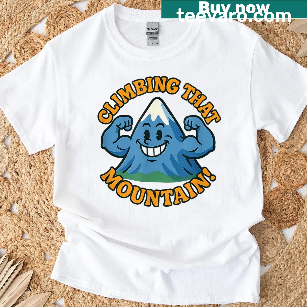 Cartoon T-shirt with flexing biceps and Denver mountain design — on a men's t-shirt