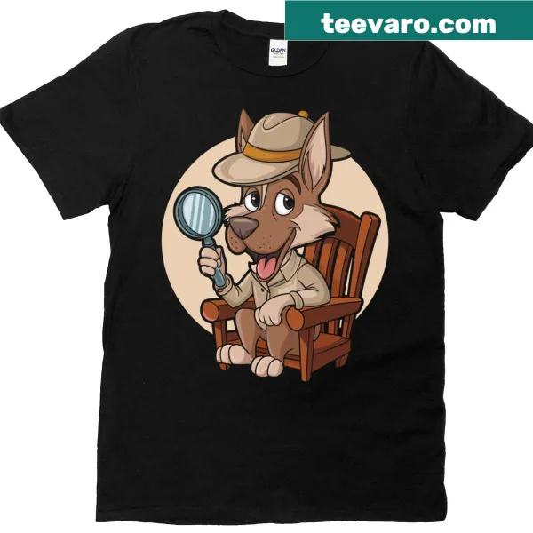 Cartoon t-shirt featuring a detective German Shepherd.