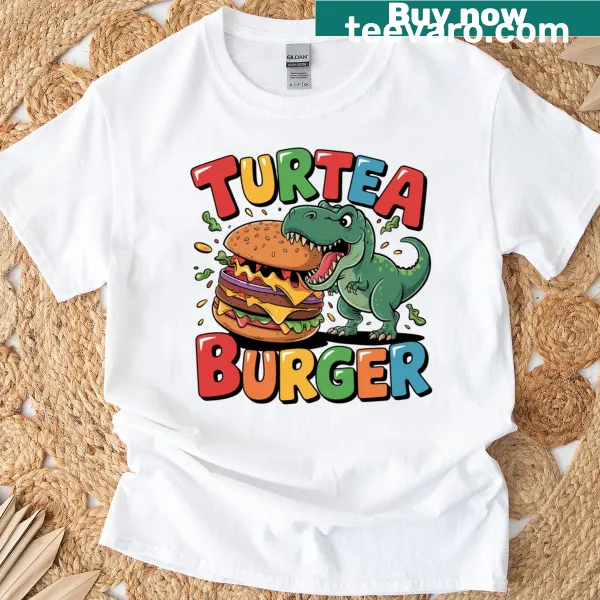 Cartoon dinosaur with a burger on T-shirt