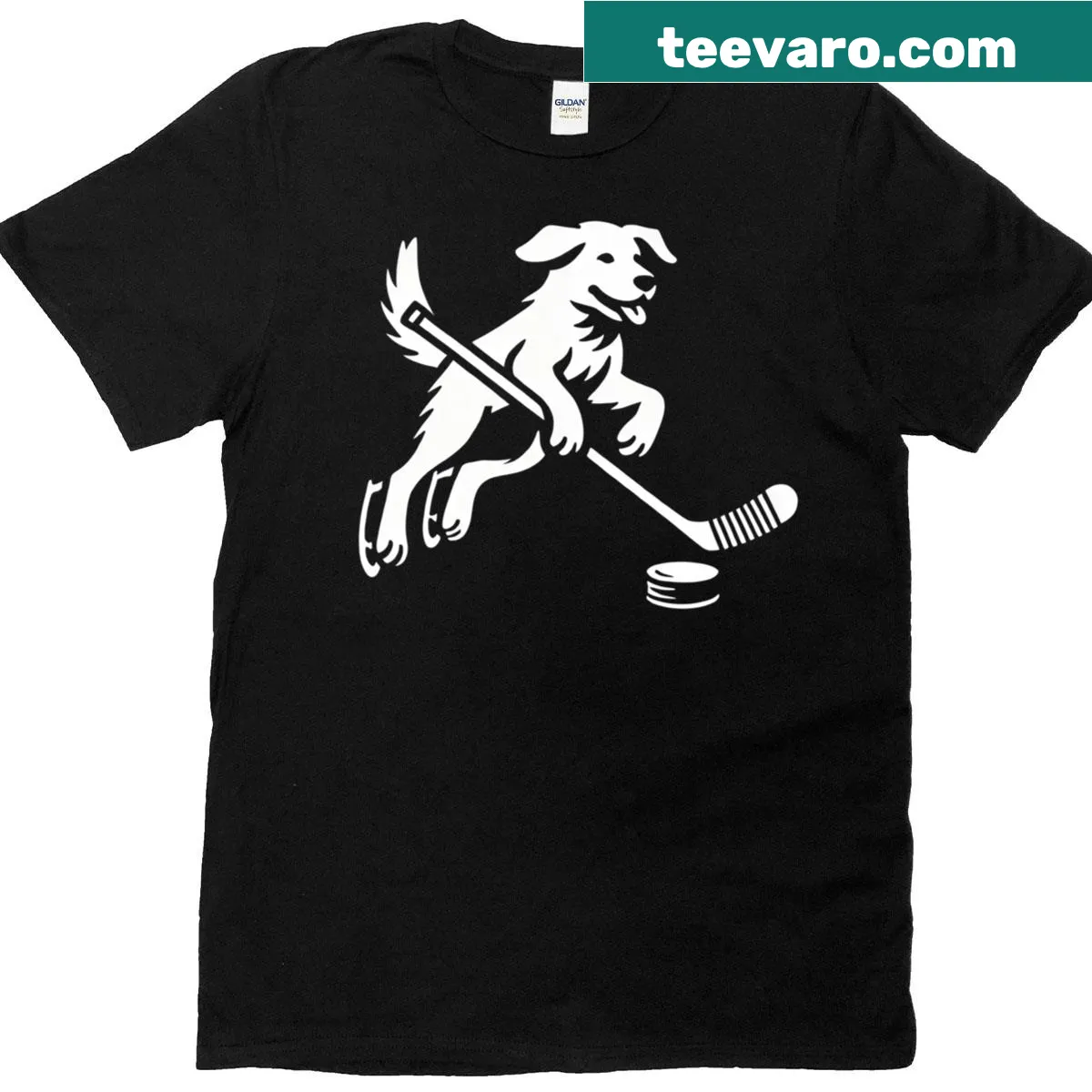 Cartoon t-shirt featuring a dog playing ice hockey. — on a men's t-shirt