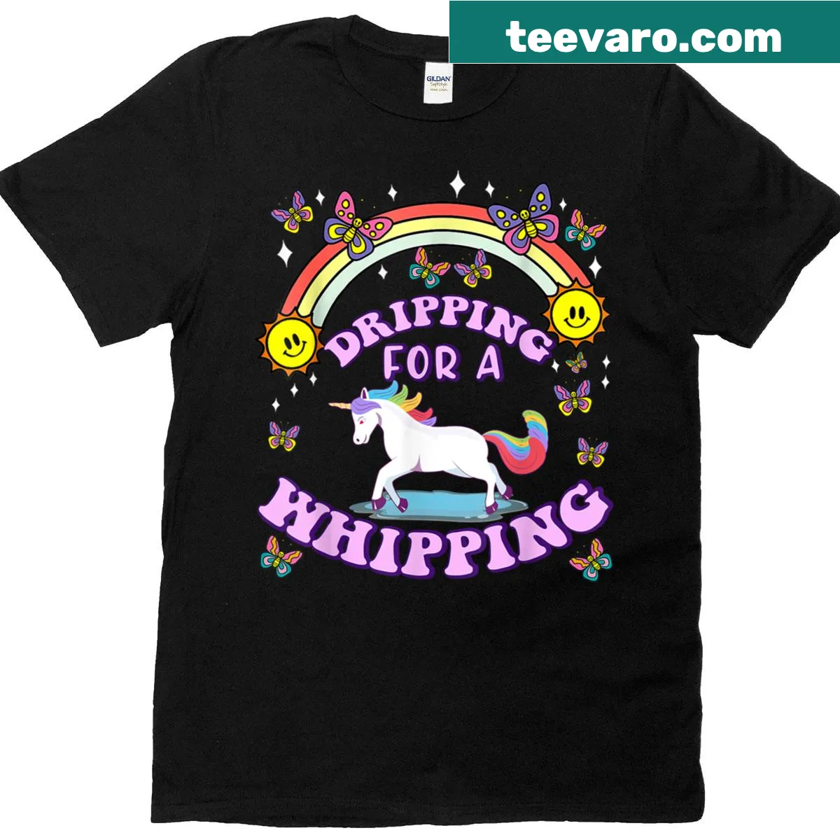Funny unicorn t-shirt with playful dripping and humor — on a men's t-shirt