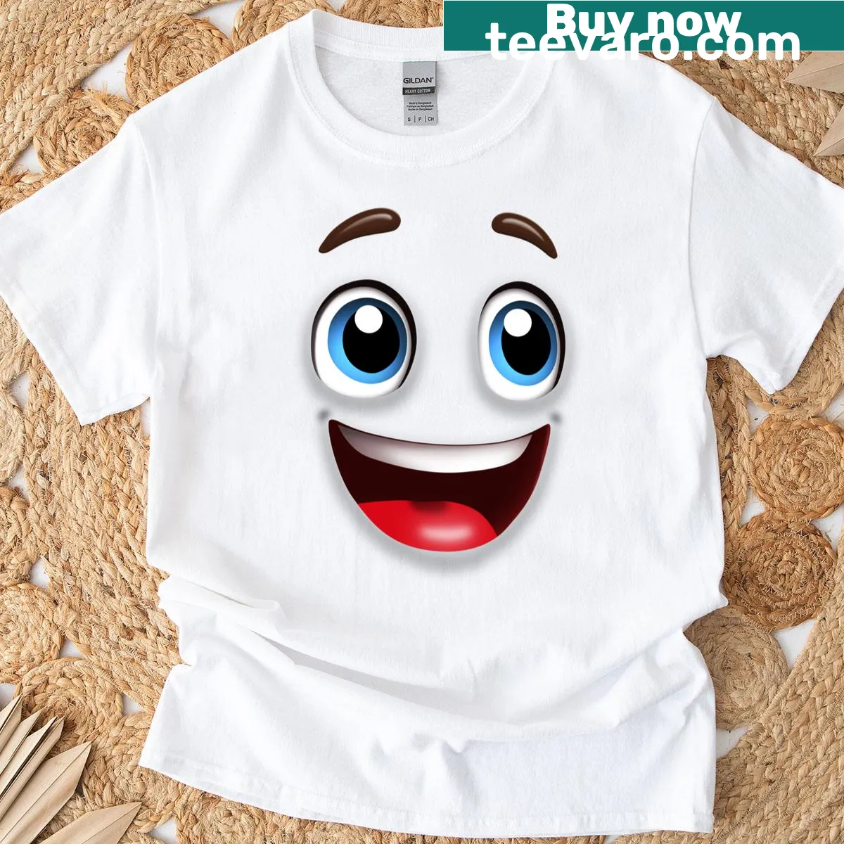 Cheerful cartoon face graphic on T-shirt — on a men's t-shirt