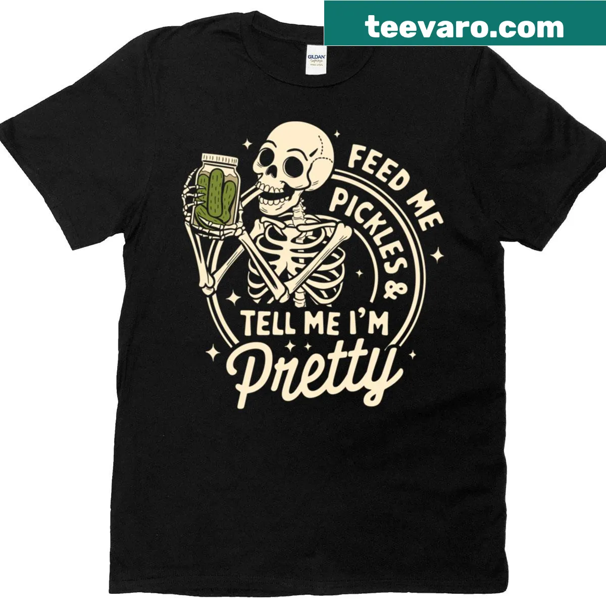 Pickle skeleton graphic tee with humorous text about pickles — on a men's t-shirt