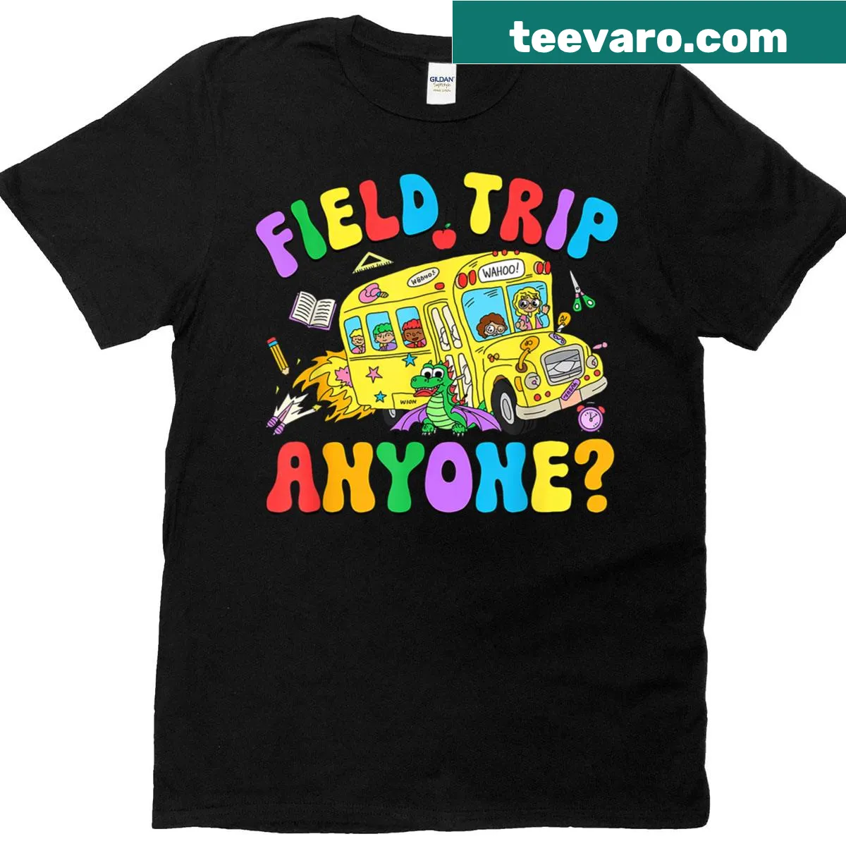 Playful t-shirt with 'Field Trip Anyone?' for school events — on a men's t-shirt