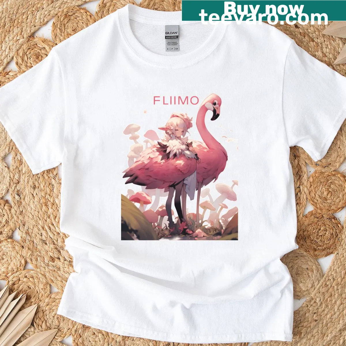 Illustration of a flamingo in a mushroom garden with a guardian theme — on a men's t-shirt