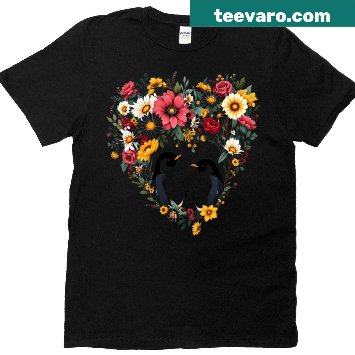 Illustration of lovebirds and flowers on oversized t-shirt — on a men's t-shirt