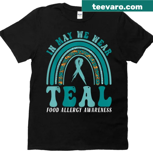 T-shirt promoting food allergy awareness with teal rainbow graphic