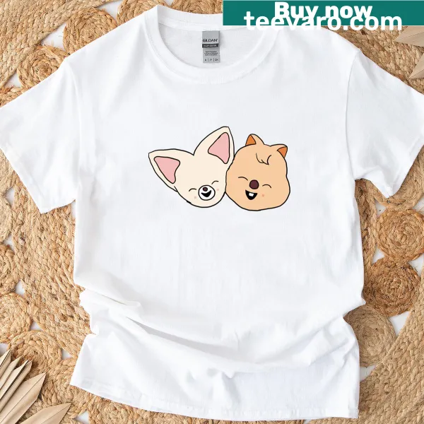 Cartoon graphic of a fox and hanquokka on a t-shirt