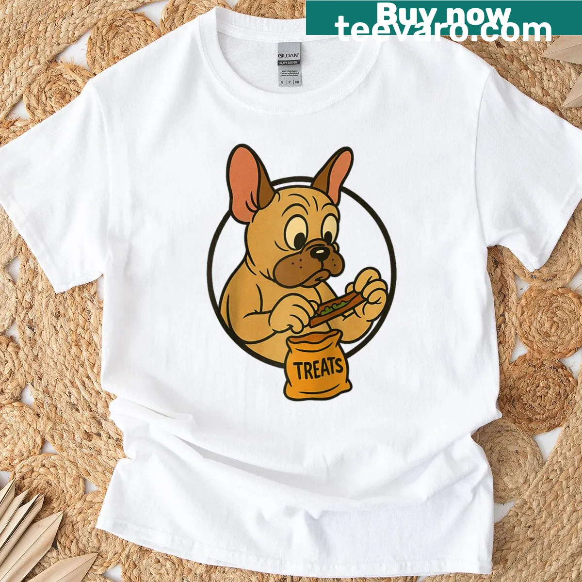 Vintage cartoon style French Bulldog tee featuring a Frenchie and treats — on a men's t-shirt