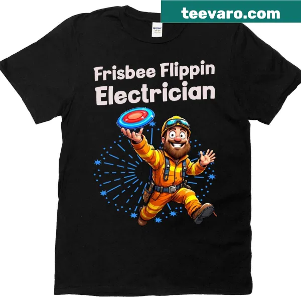 Cartoon electrician flipping a frisbee on a T-shirt
