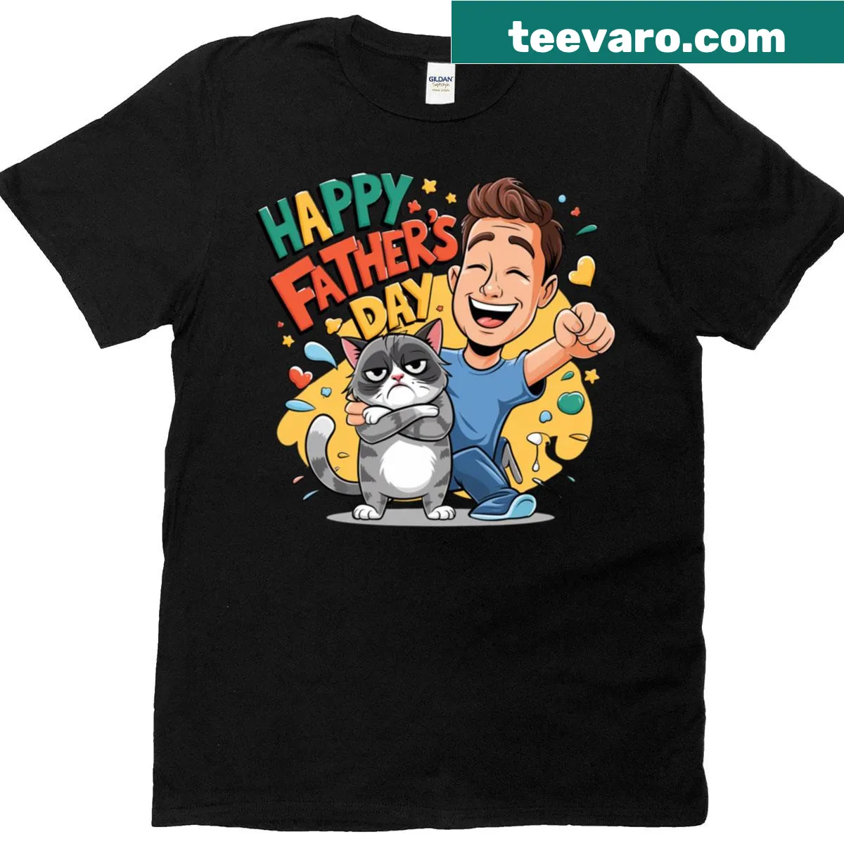 Cartoon cat and dad graphic for Father's Day t-shirt — on a men's t-shirt