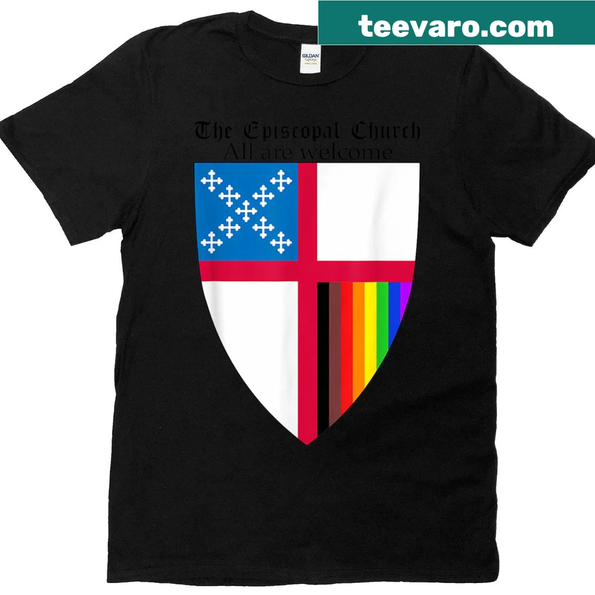 Episcopal Church shield graphic with rainbow colors — on a men's t-shirt