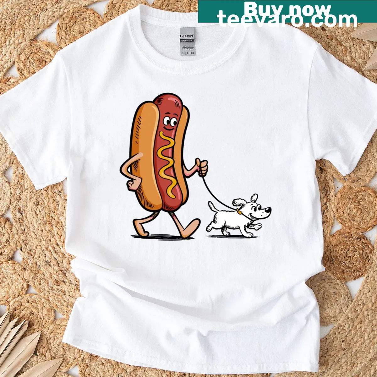 Cartoon hot dog character walking a dog on a T-shirt — on a men's t-shirt