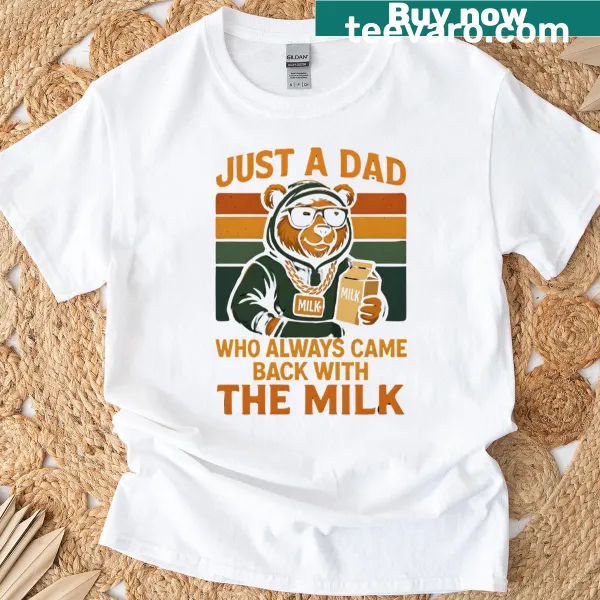 Cartoon bear with milk graphic on a humorous dad T-shirt
