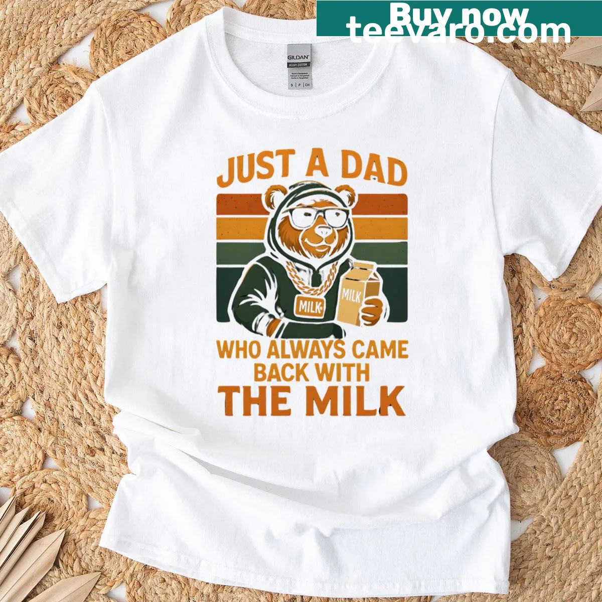 Cartoon bear with milk graphic on a humorous dad T-shirt — on a men's t-shirt
