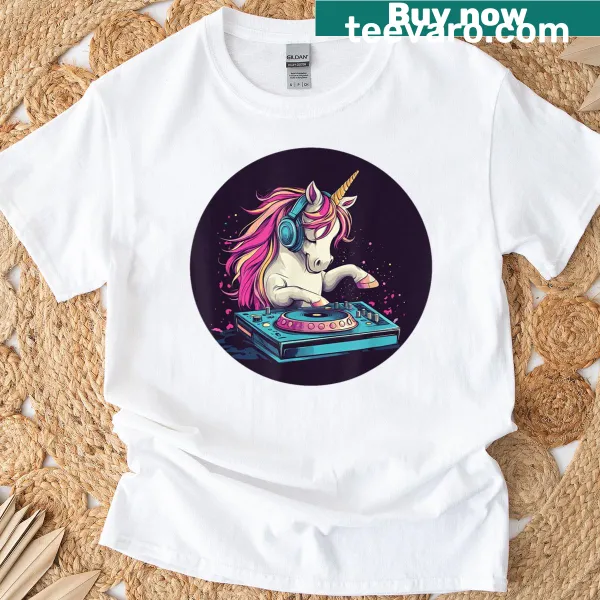 Playful T-shirt featuring a unicorn DJ at a party booth