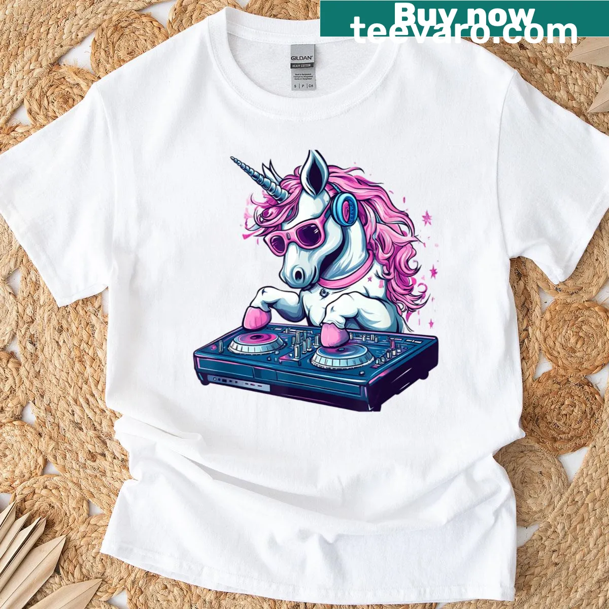 Whimsical DJ unicorn graphic on a playful T-shirt — on a men's t-shirt